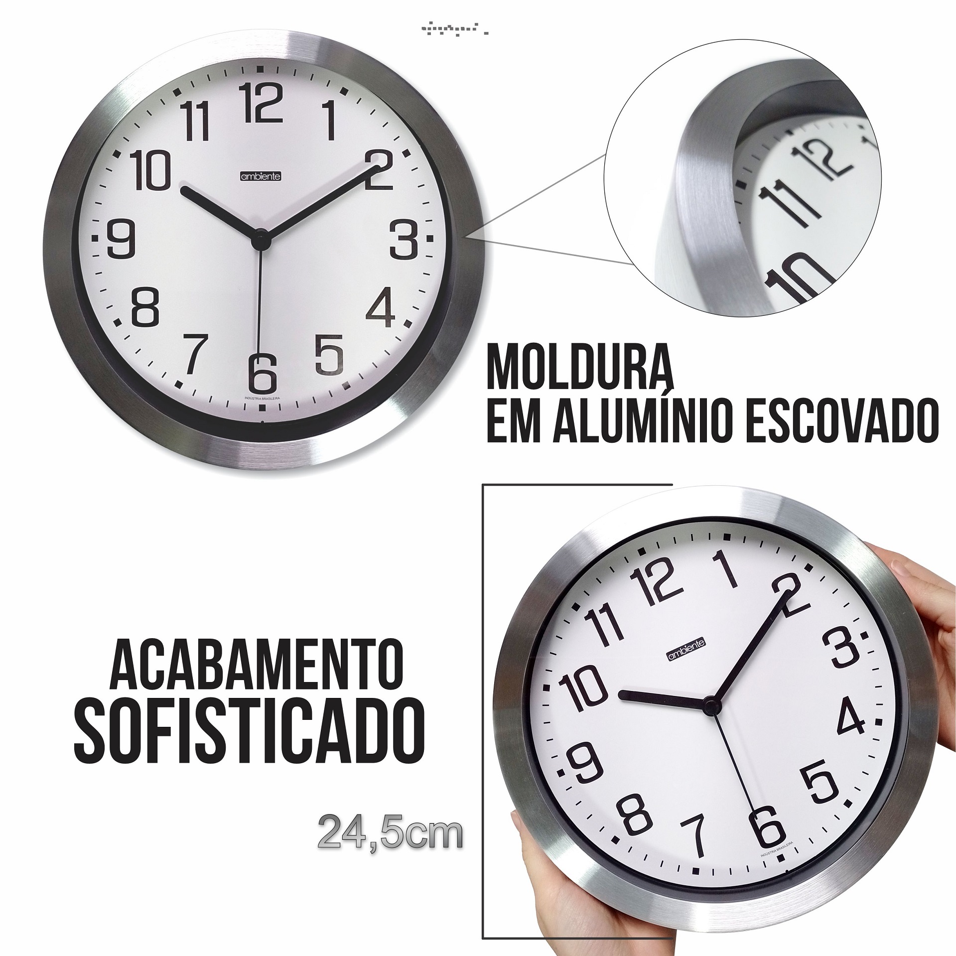 Relogio de Parede Aluminio Escovado Redondo Decorativo - Imagem 2