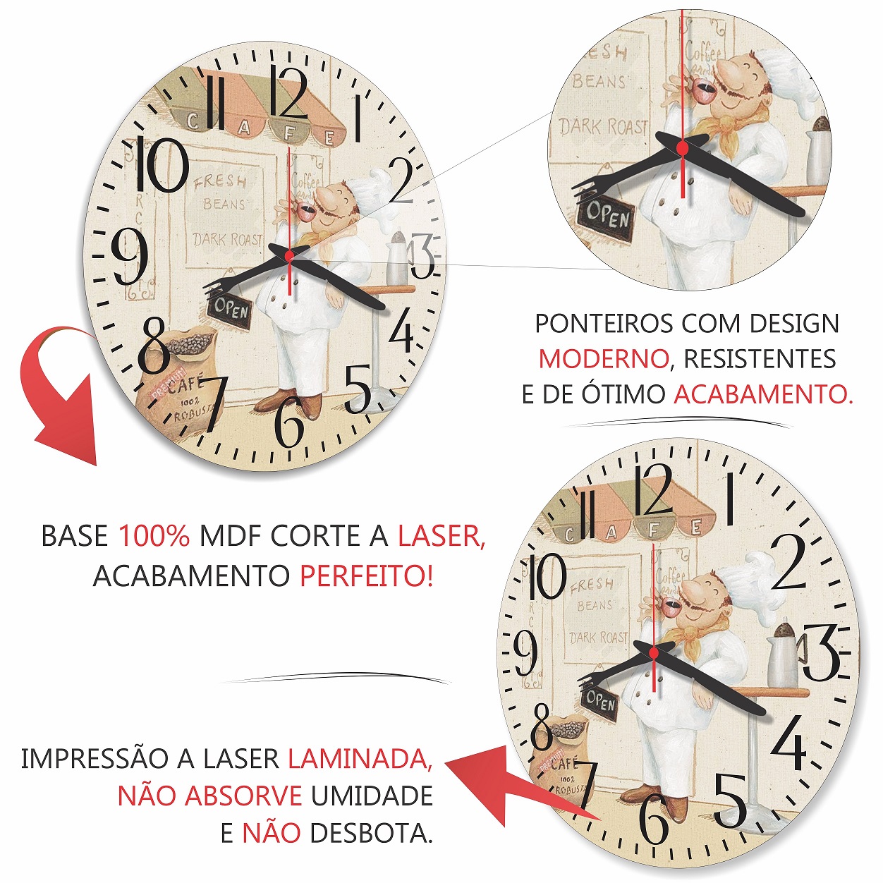 Relogio Parede Cozinha Cozinheiro Chef Frances Decorativo Vintage Retro 30cm - Imagem 3