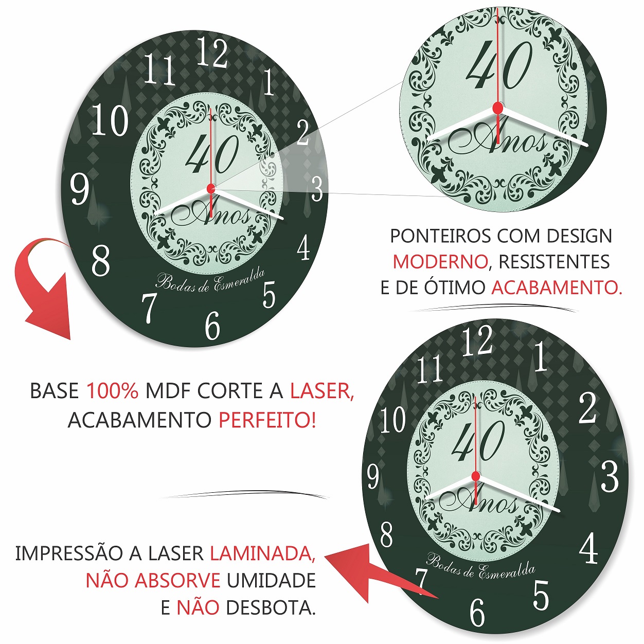 Relógio Parede Bodas de Esmeralda 40 Anos Casamento Presente 30cm - Imagem 3